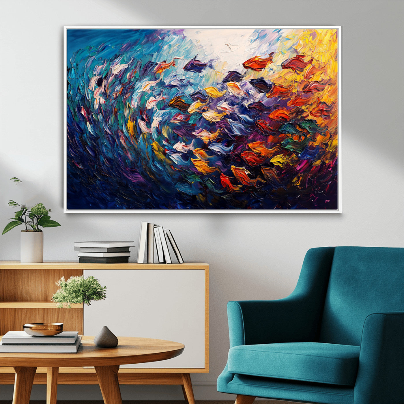 MGV-FC-36X24 - Vibrant Abstract Fish Swarm Art – Colorful Fish Inspired 3-Piece Canvas Wall Art for Living Room or