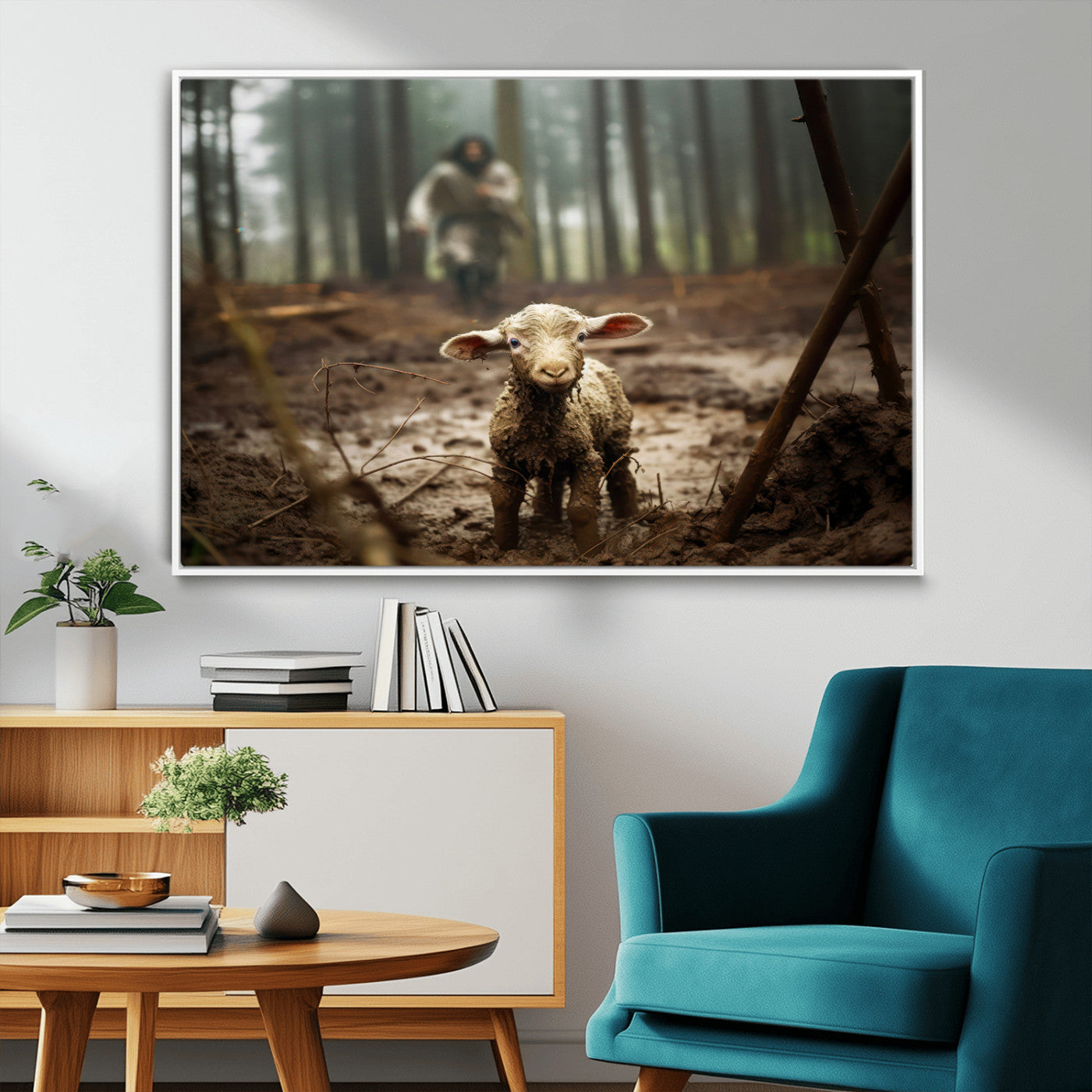 MGV-FC-36X24 - Jesus Running After a Lost Lamb Canvas Wall Art Print