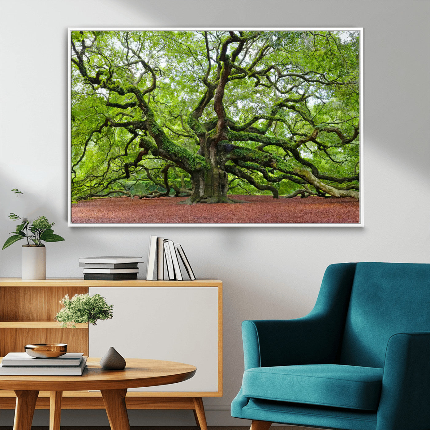 MGV-FC-36X24 - Framed Angel Oak Tree Wall Art - 3-Panel Canvas Prints, Large Green Nature Artwork, Ready to Hang