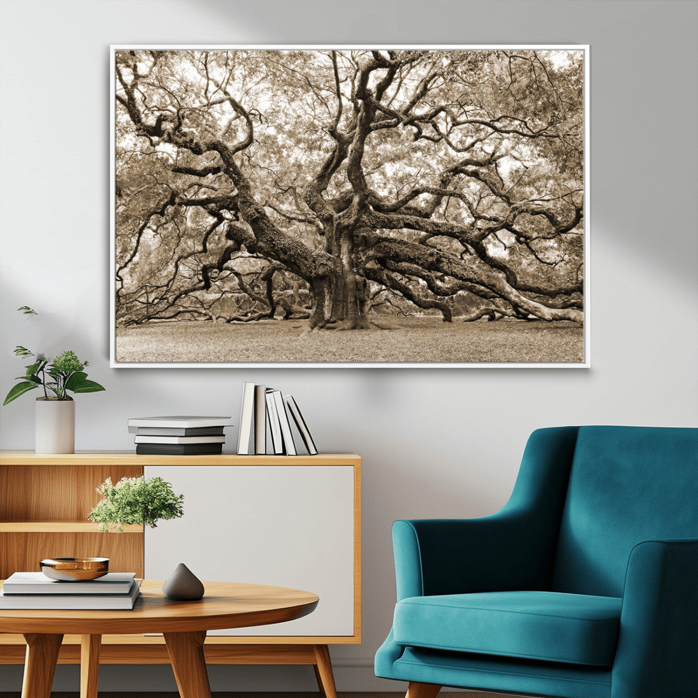 51126-MGV-FC-36X24_White-Sepia Framed Angel Oak Tree Wall Art - 3-Panel Canvas Prints, Large Green Nature Artwork, Ready to