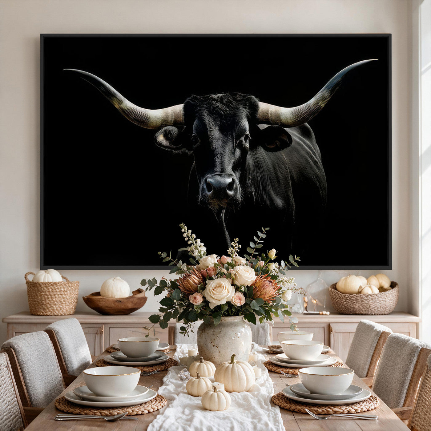 37889-MGV-CV-36X24 - Texas Longhorn Canvas Wall Art - Rustic Western Longhorn Bull Print in Brown & Black - Farmhouse Decor for Living Room, Office, or Ranch