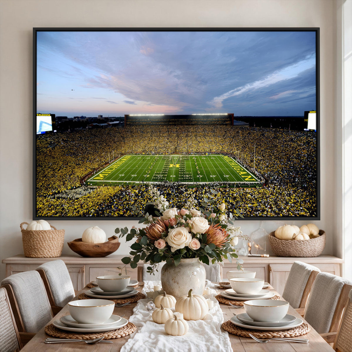 82641-MGV-CV-36X24 - Michigan Stadium Wall Art Canvas Print – Framed Football Field Scene with Marching Band Artwork for Home, Office