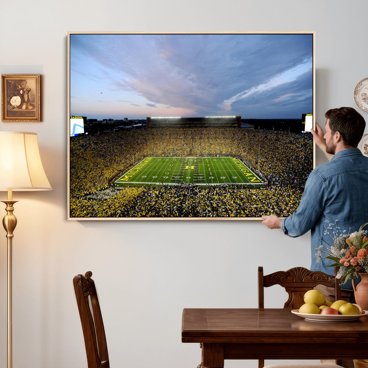 82641-MGV-CV-36X24 - Michigan Stadium Wall Art Canvas Print, Vibrant Game Day Crowd and Sunset Sky Football Field Artwork for Home, Office