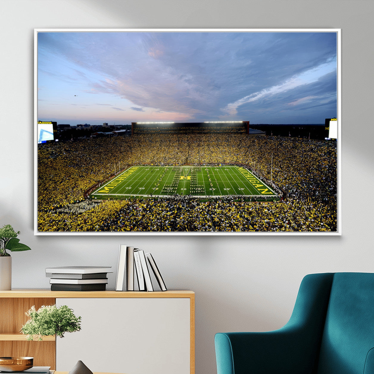 82641-MGV-FC-36X24 - Michigan Stadium Wall Art Canvas Print, Vibrant Game Day Crowd and Sunset Sky Football Field Artwork for Home, Office