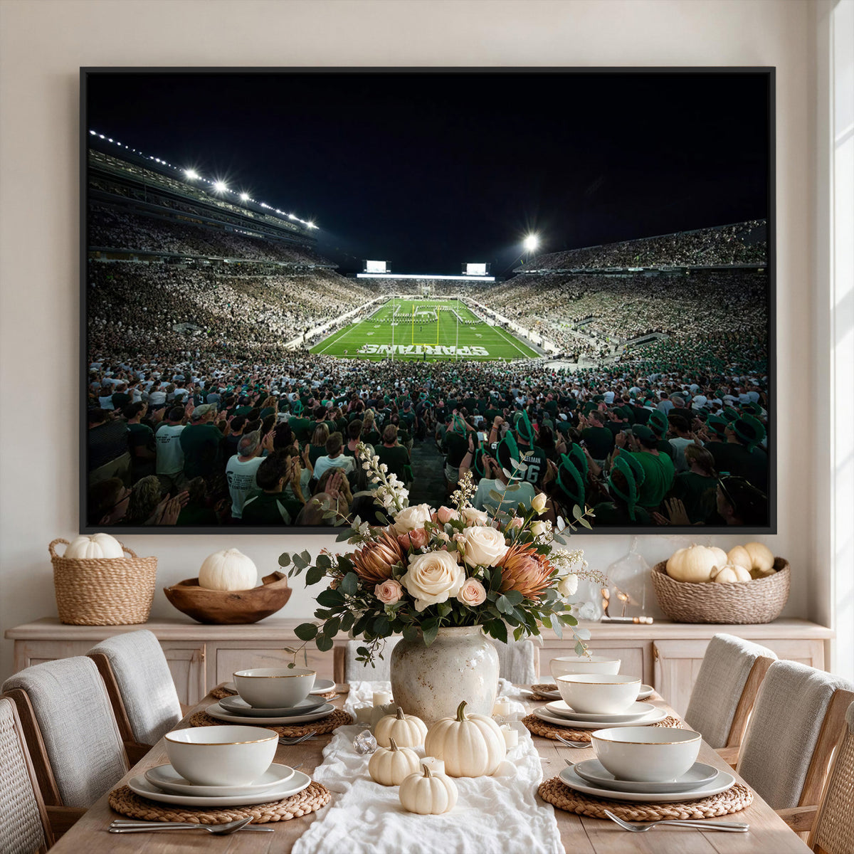 57523-PAN-FL-20X10 - Framed Michigan State Spartans Football Team Print - East Lansing Spartan Stadium Wall Art Canvas