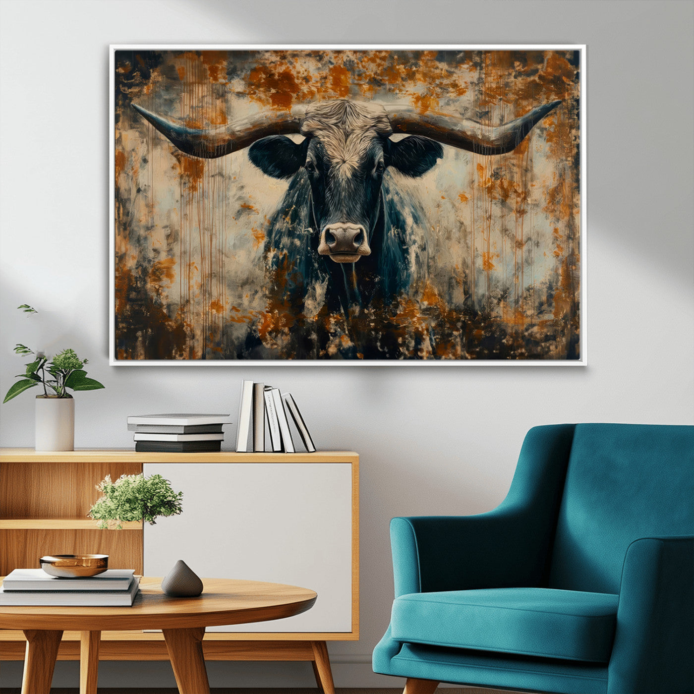 MGV-FC-36X24 - Abstract Longhorn Bull Wall Art | Rustic Western Wall Decor | Framed and Ready to Hang | Ideal for