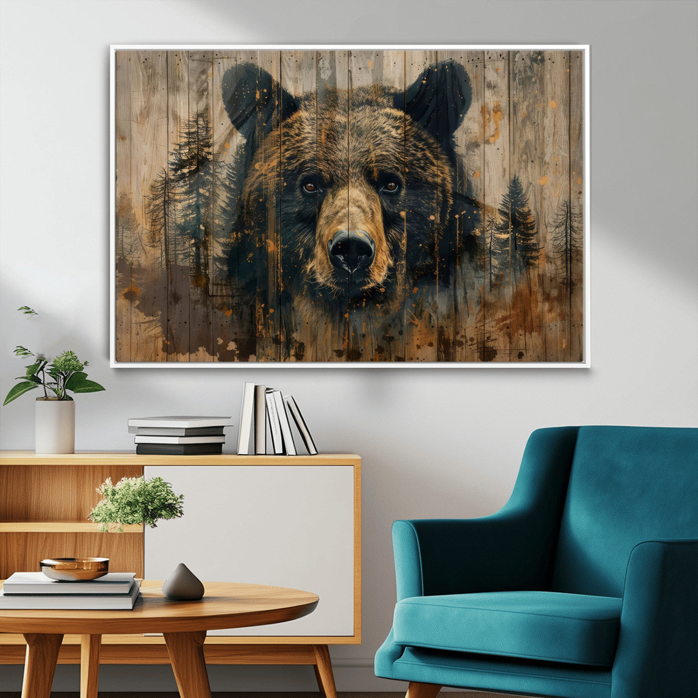MGV-FC-36X24 - Abstract 399 Bear Wall Art | Rustic Cabin Wall Decor with Forest Design | Framed and Ready to Hang |