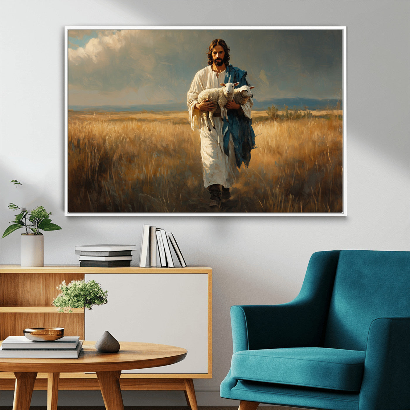 MGV-FC-36X24 - Jesus Shepherd Wall Art | Ready to Hang Triptych Canvas of Jesus Holding a Lamb in a Field |