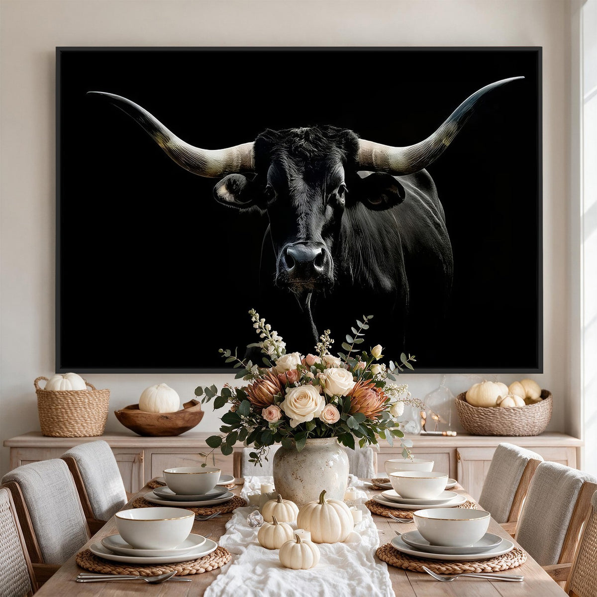 20679-MGV-CV-24X16 - Texas Black Longhorn Bull Wall Art Canvas Print, Western Cattle Rustic Decor