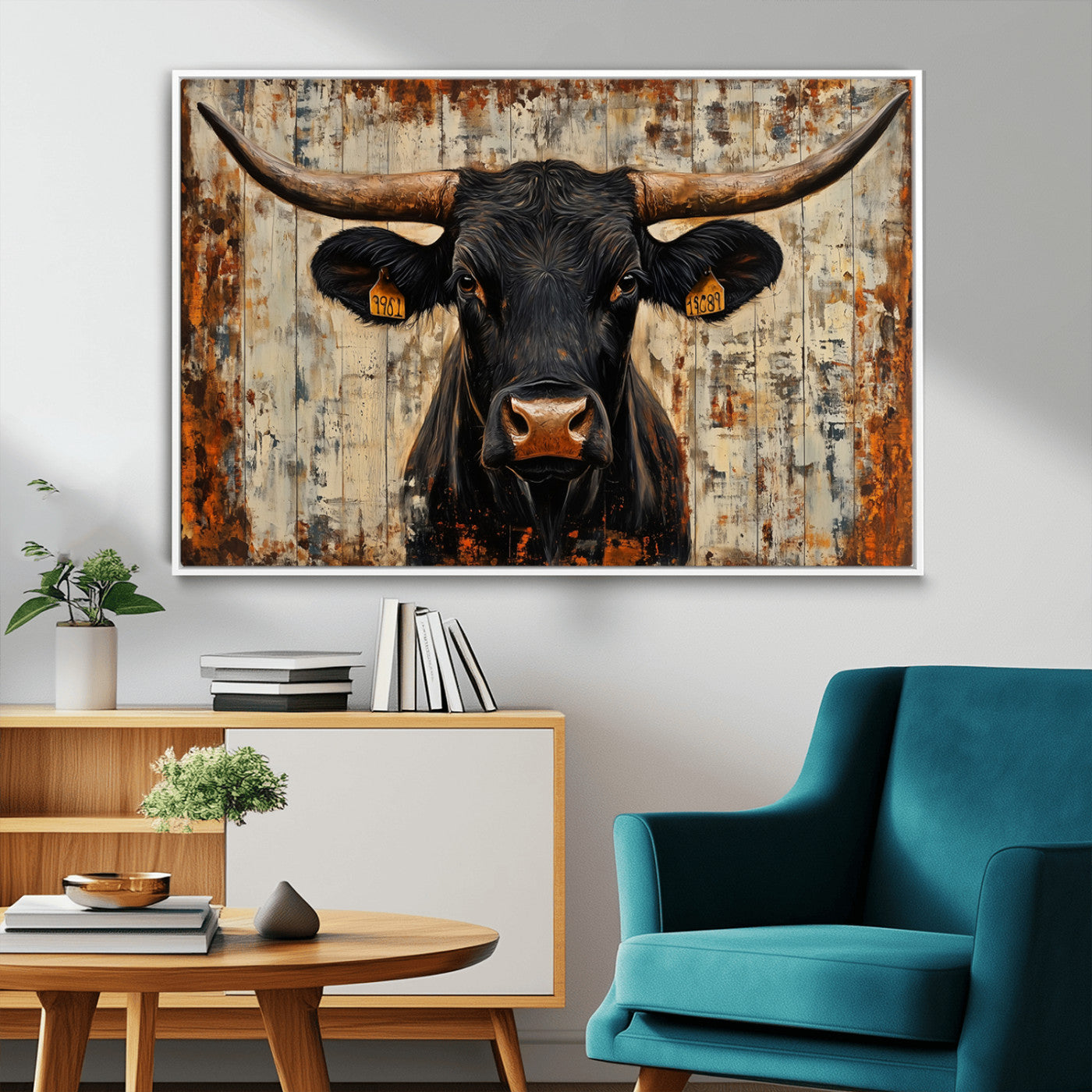 MGV-FC-36X24 - Rustic Texas Artwork Wall Art Canvas Print - Abstract Cow Longhorn Bull Wall Art Canvas Print