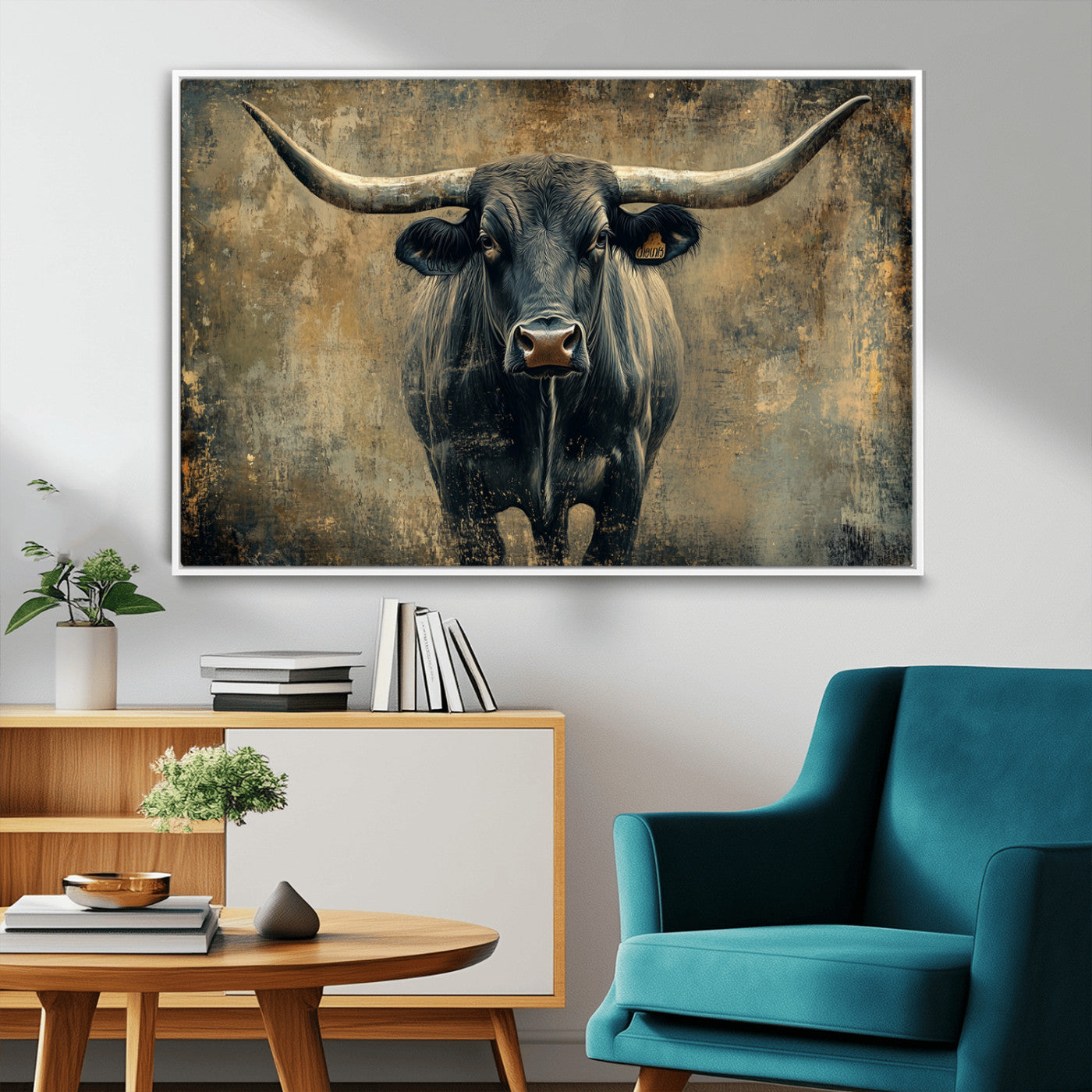 MGV-FC-36X24 - Longhorn Bull Wall Art Canvas Print, Framed Rustic Cow Art Picture Print, Texas Longhorn Perfect Western Decor Artwork