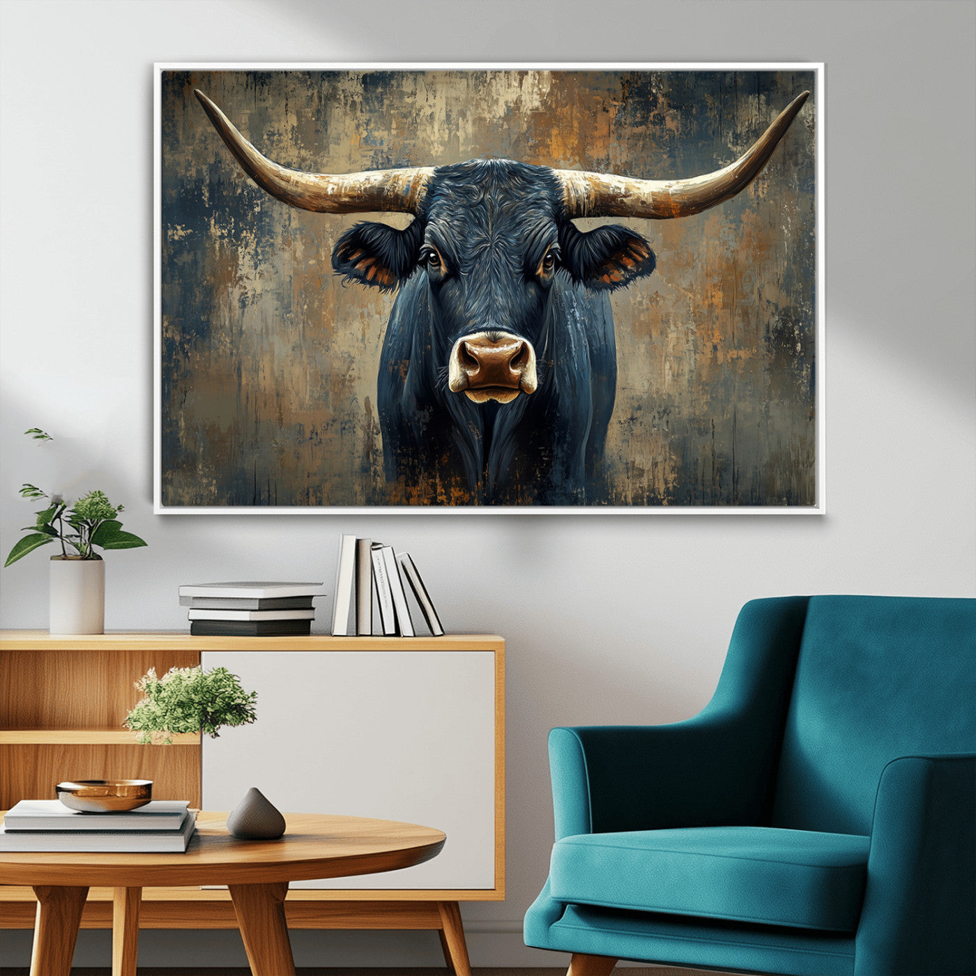 MGV-FC-36X24 - Texas Western Wall Art Canvas Print - Abstract Cow Longhorn Bull Wall Art Canvas Print - Rustic Cow