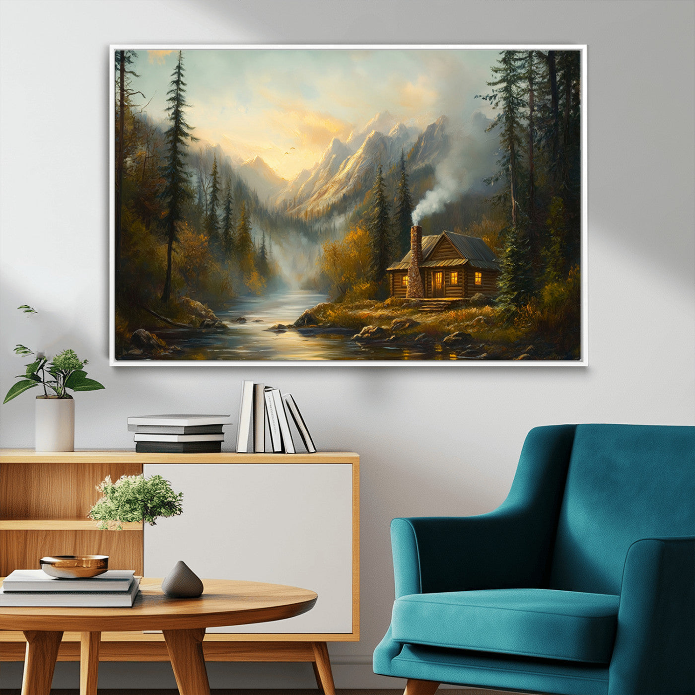 MGV-FC-36X24 - Wood Cabin Retreat Mountain at Sunset Wall Art Print - Serene Forest and River Landscape Wall Art