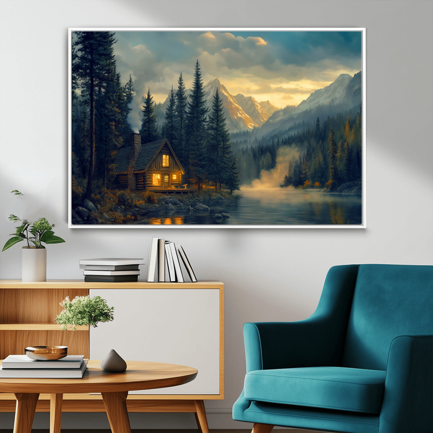 MGV-FC-36X24 - Mountain Cabin by the Lake at Sunset Wall Art - Serene Nature Canvas Print for Living Room Decor,