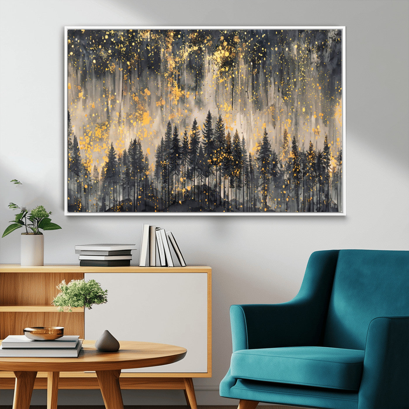 MGV-FC-36X24 - Golden Forest Abstract Wall Art | Dark Forest with Gold Splatter Accents | Triptych Ready to Hang