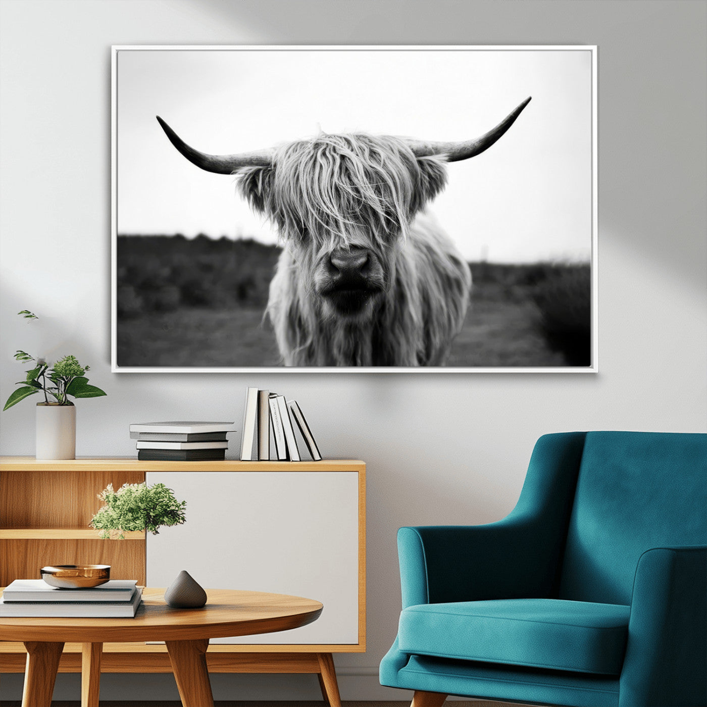 MGV-FC-36X24 - Highland Cow Wall Art | Black and White Farmhouse Decor | Triptych Canvas Print | Rustic Barn Decor