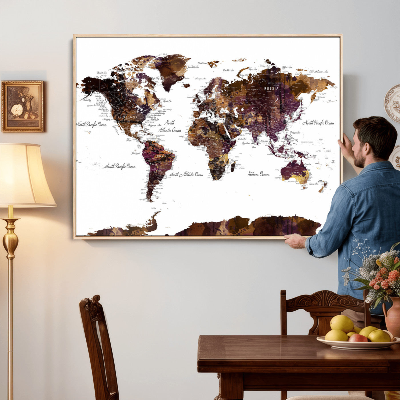 50611-MGV-CV-36X24 - Push Pin World Map Canvas Print – Framed Wall Art for Couples to Track Their Travels – Anniversary