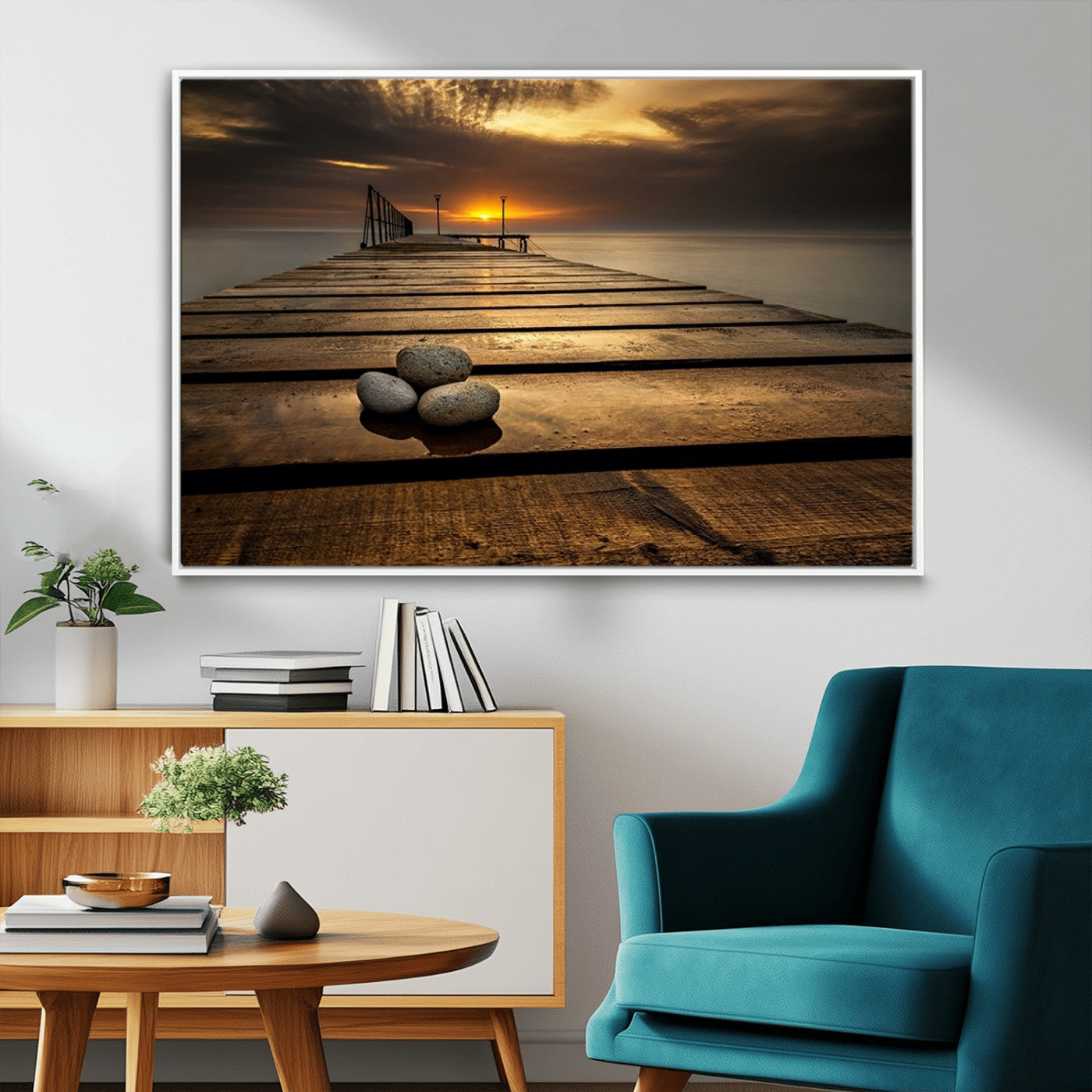 MGV-FC-36X24 - Stones on Wooden Pier at Sunset Canvas Print, Serene Coastal Wall Art, Beach Sunset Photography,