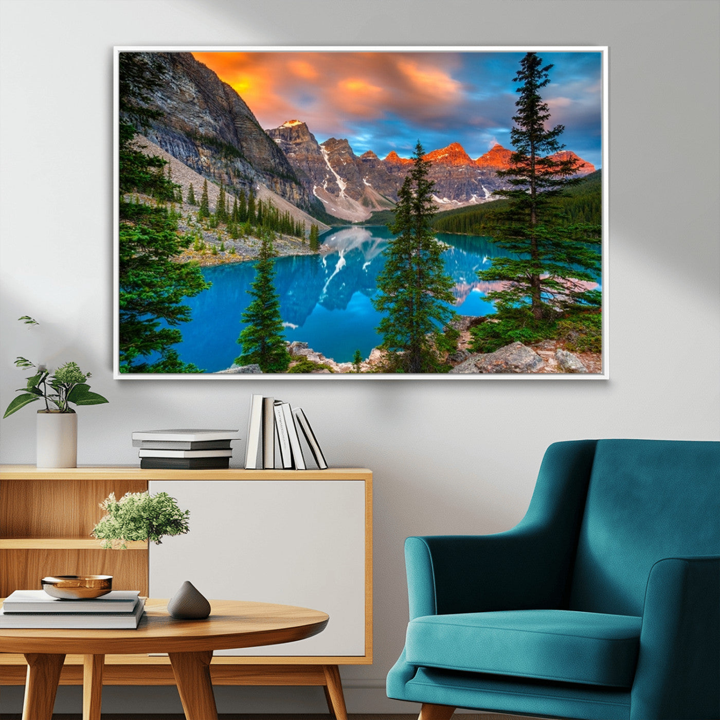 MGV-FC-36X24 - Canadian Rockies Moraine Lake Wall Art Canvas Print, Pine Trees Mountain Spring Canvas Print