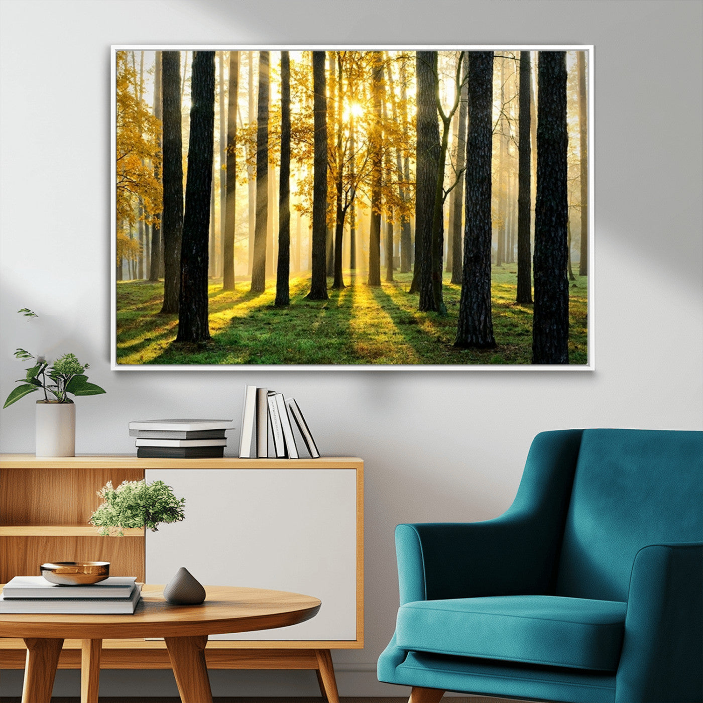 MGV-FC-36X24 - Sunlit Forest Canvas Wall Art – Serene Woodland Triptych Landscape Print – Nature-Inspired Decor for