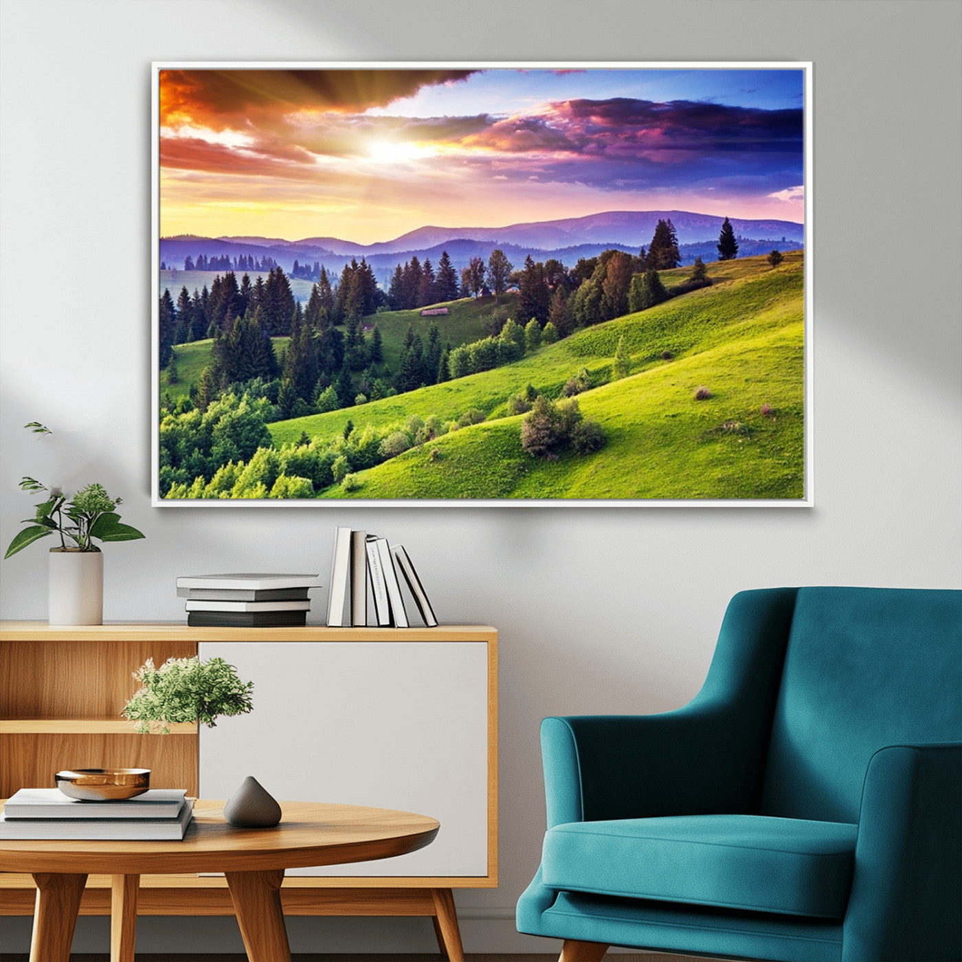 MGV-FC-36X24 - Green Hills and Sunset Wall Art Print - Scenic Landscape with Lush Greenery and Vibrant Sky, Ready