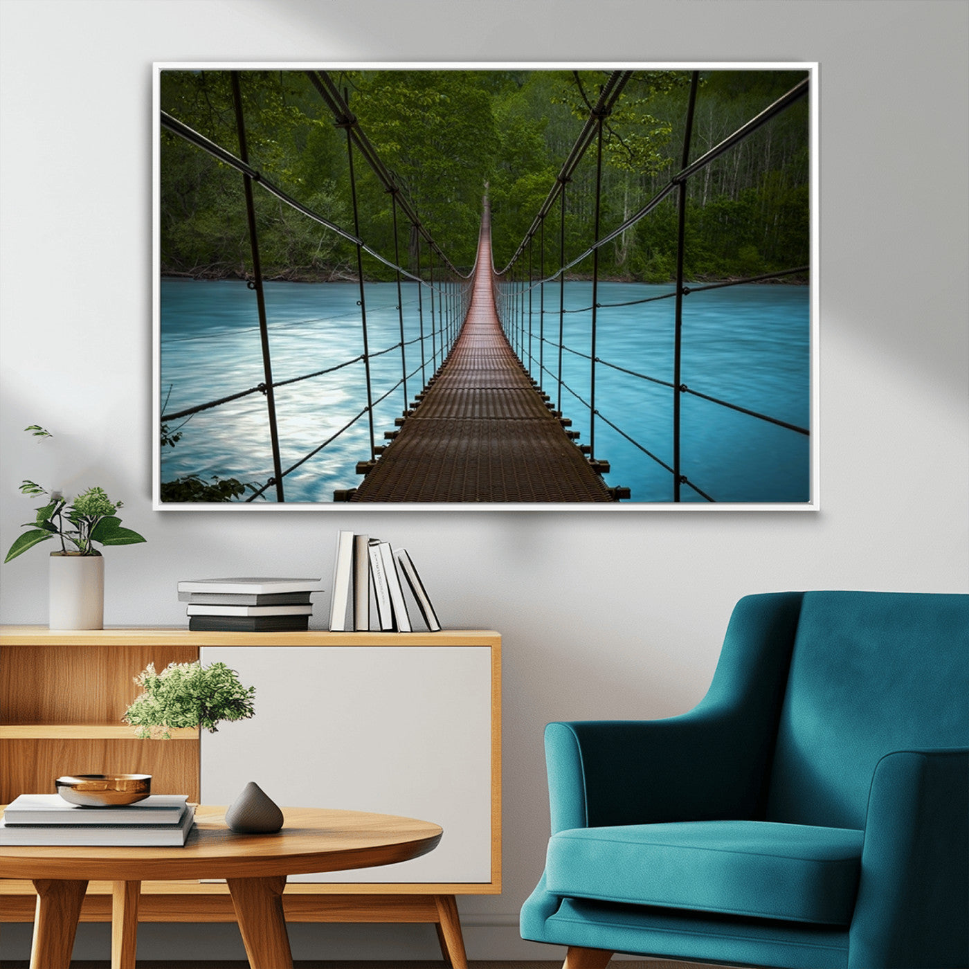 70229-MGV-FC-36X24_White-Suspension Bridge Over River Canvas Art | 3-Panel Nature Photography | Scenic Wall Art for Living