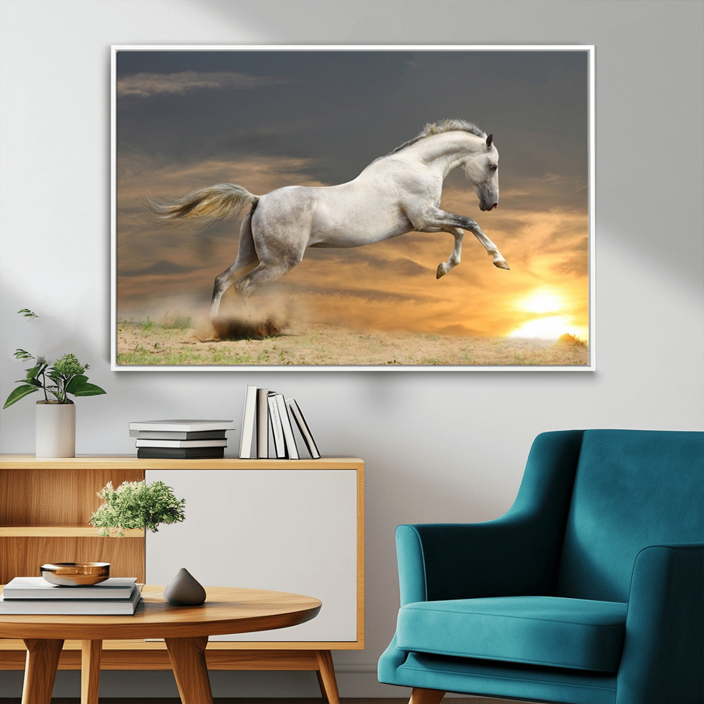 MGV-FC-36X24 - Large Wall Art Animal Canvas Print - White Jumping Horse at Sunset