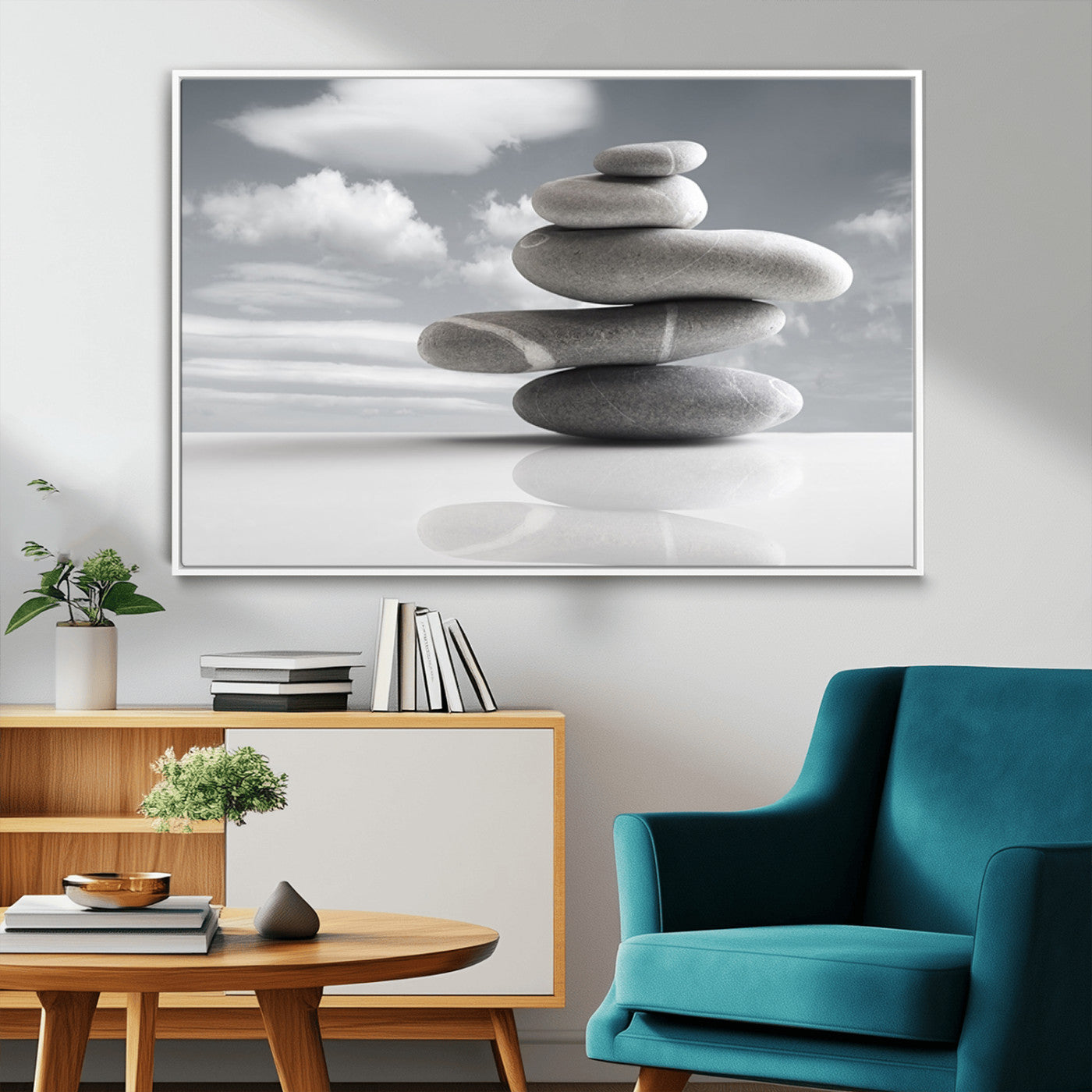 MGV-FC-36X24 - Still Life Black and White Zen Stones Wall Art Canvas, Framed Black and White Zen Stones Canvas