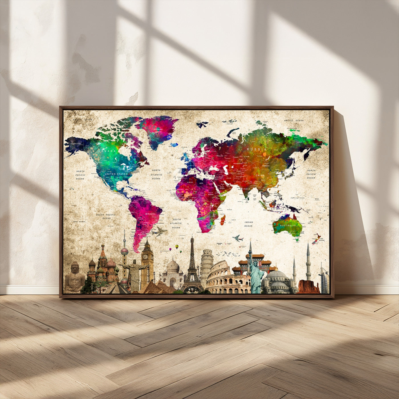 MGV-FC-36X24 - Push Pin World Map Canvas Print – Framed Wall Art for Couples to Track Their Travels – Anniversary