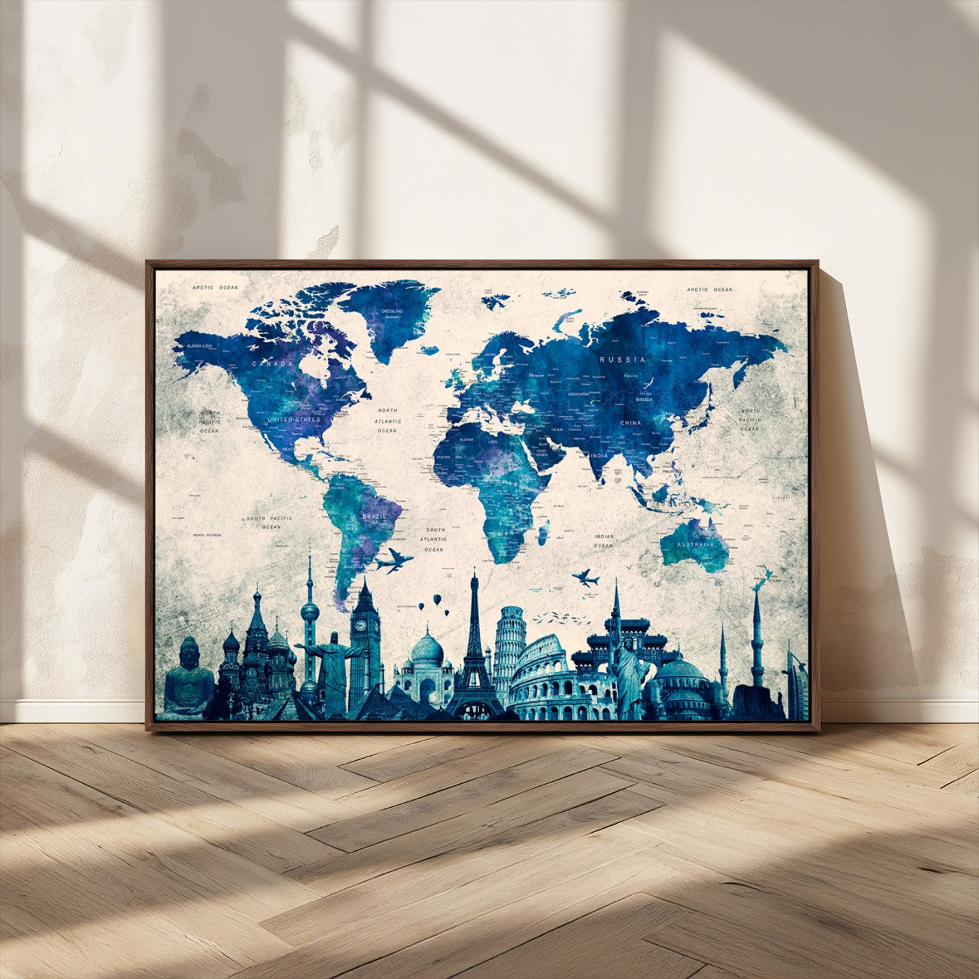 MGV-FC-36X24 - Navy Blue World Map Canvas Print, Wonder of World Map Push Pin Canvas Print