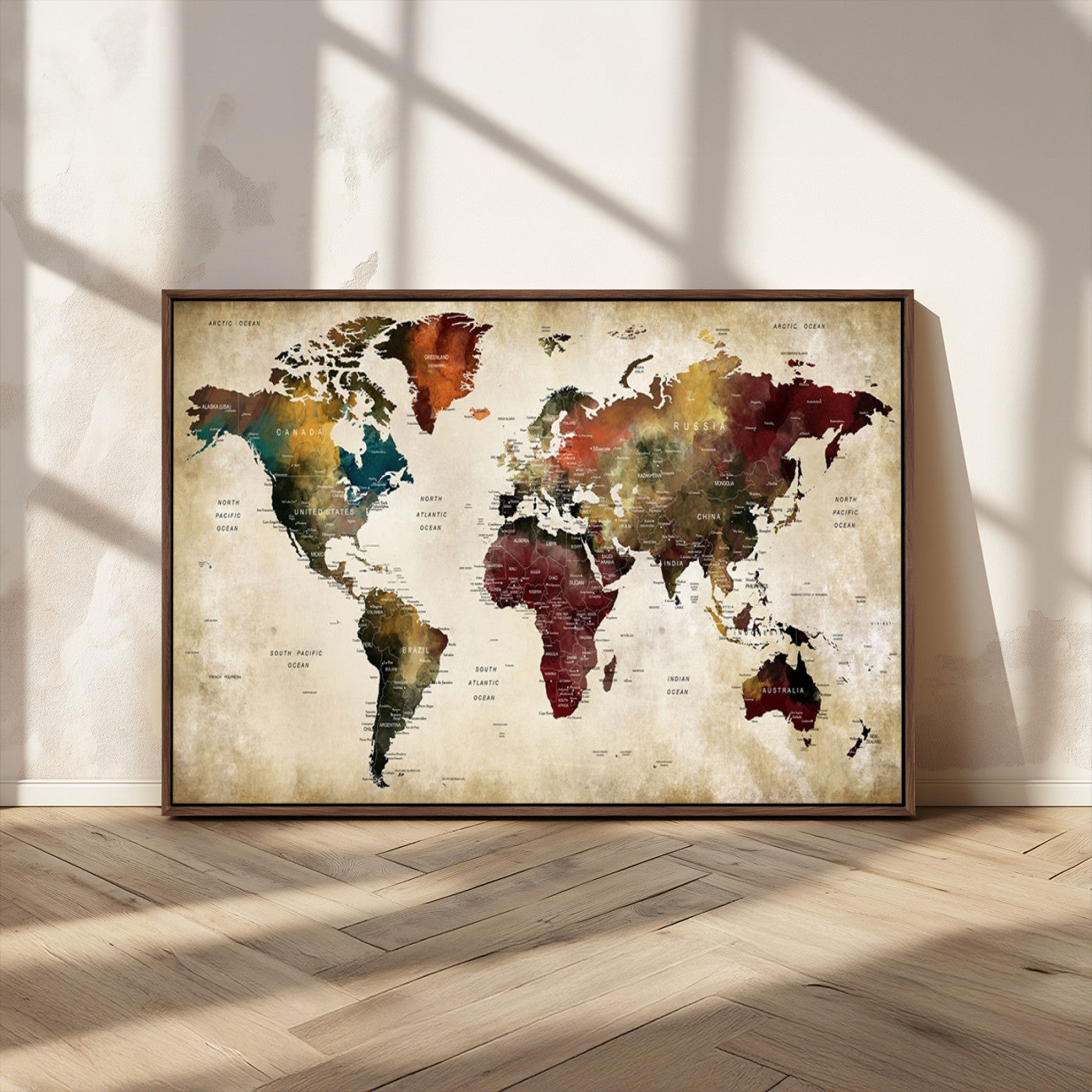 MGV-FC-36X24 - Large World Map Wall Art Canvas Print, Framed Push Pin Map Art Picture Print, Abstract Traveller Map Perfect Modern Decor Artwork
