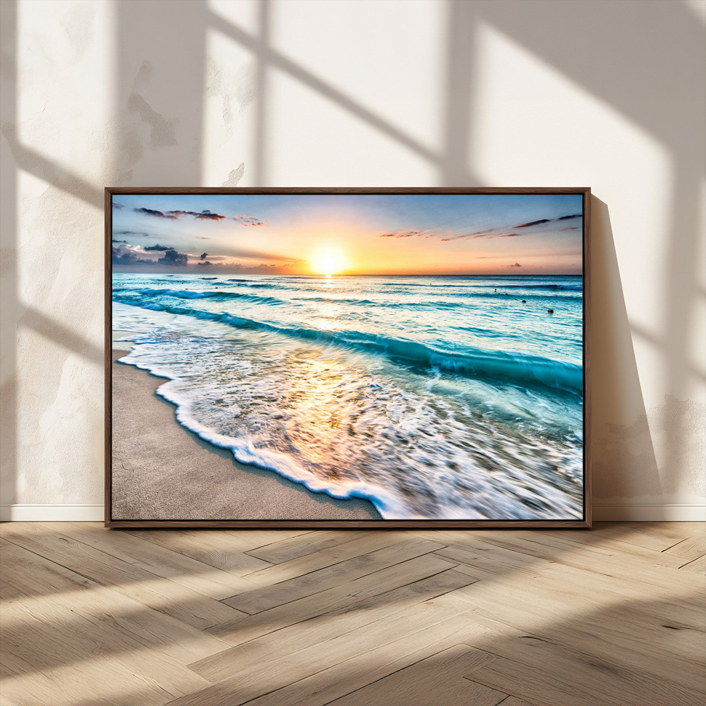 MGV-FC-36X24 - Sunset Beach Waves Canvas Wall Art – 5-Panel Ocean Sunset Print – Coastal Decor for Living Room or
