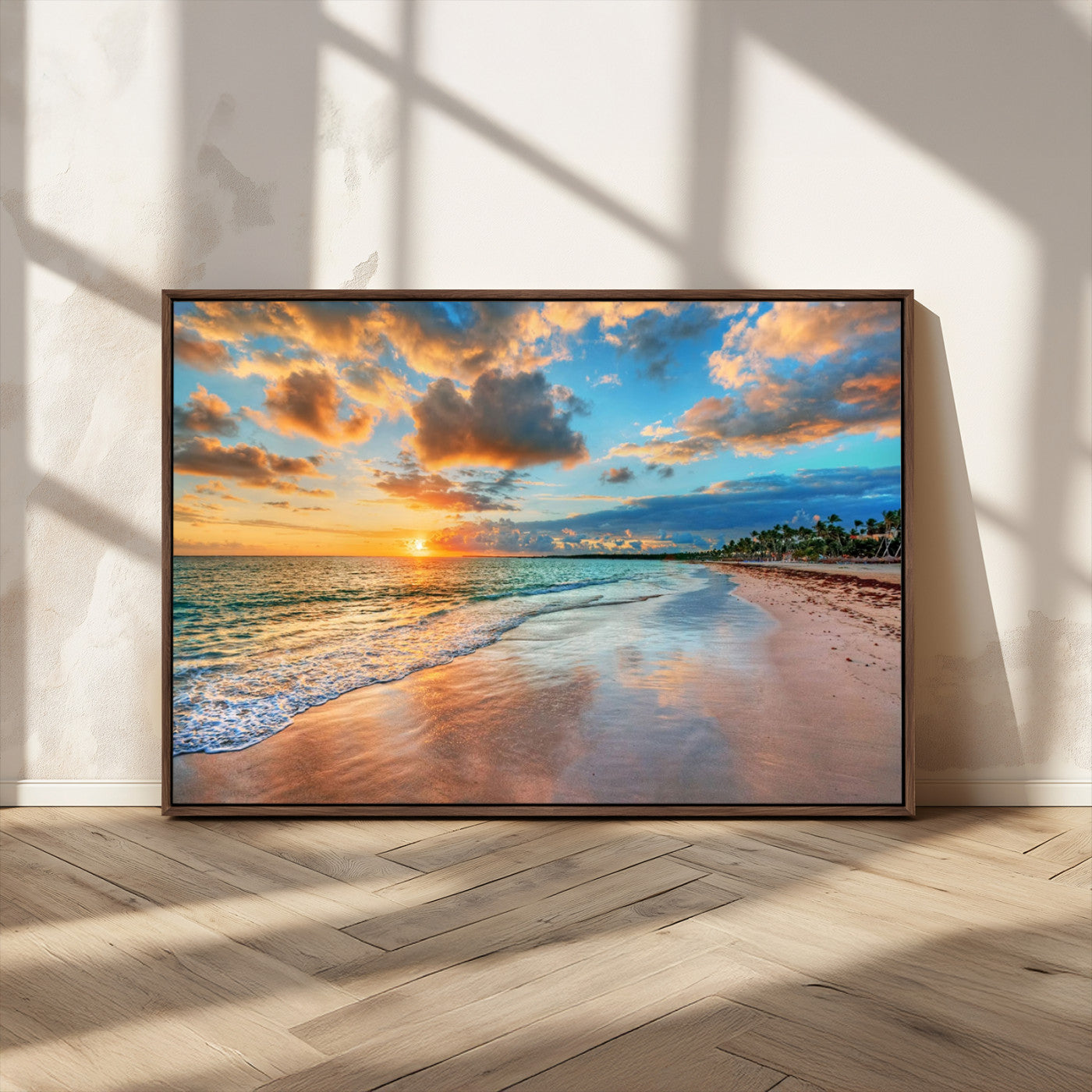 MGV-FC-36X24 - Sunset Ocean Waves on Tropical Beach, 3-Panel Giclee Canvas Art for Coastal Home Decor, Vibrant Palm-Lined Shore