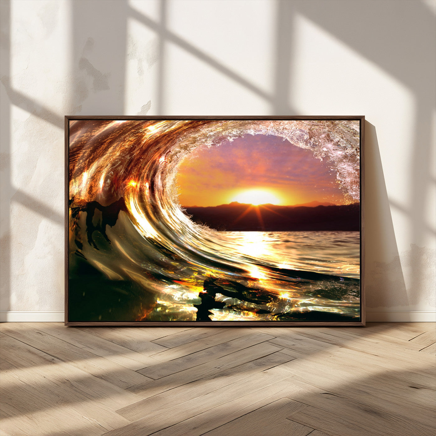 MGV-FC-36X24 - Golden Wave Sunset Triptych Canvas Art, Giclee Canvas Print of Ocean Wave and Sunset, Framed Ocean