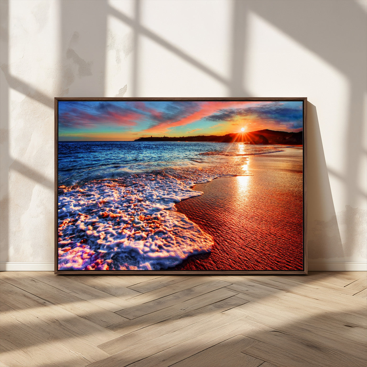 MGV-FC-36X24 - Colorful Coastal Sunset on the Beach Canvas Print, Ocean Waves Crashing at Dusk, Multi-Panel Seascape Vibrant Coastal Wall Art Canvas Print