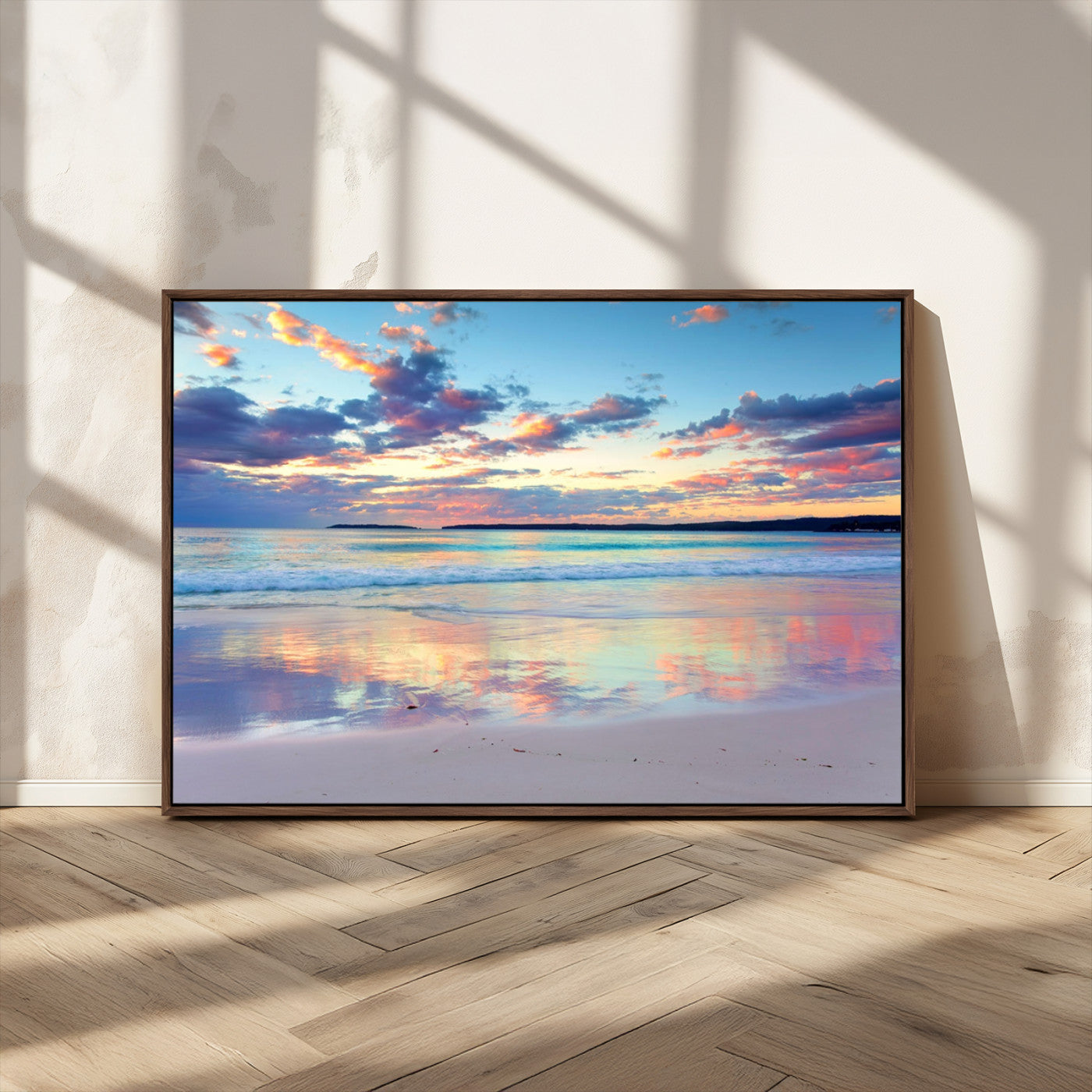 MGV-FC-36X24 - Tranquil Pastel Sunset Beach Triptych Canvas Art, Soothing Coastal Ocean Shoreline Giclee Print, Beach Reflections Wall Decor for Serene Spaces