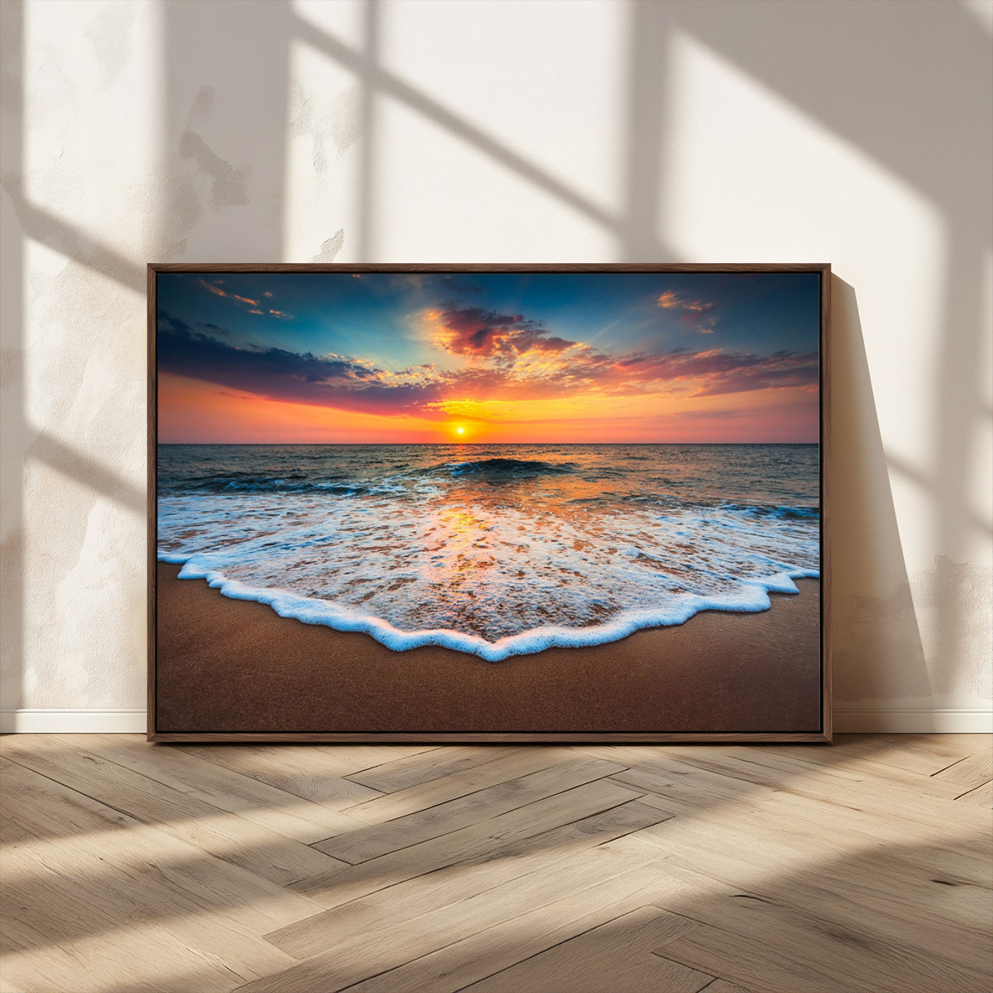 MGV-FC-36X24 - Sunset Beach Canvas Wall Art – Colorful Ocean Waves Triptych – Coastal Decor for Living Room or Bedroom – Framed and Ready to Hang