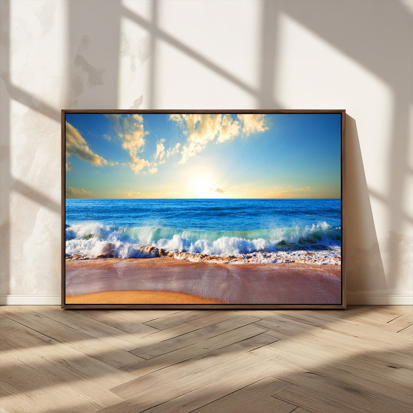 MGV-FC-36X24 - Tropical Beach Sunset Canvas Art, Ocean Waves and Sandy Shoreline Wall Art, Large Beach Decor for Coastal Homes
