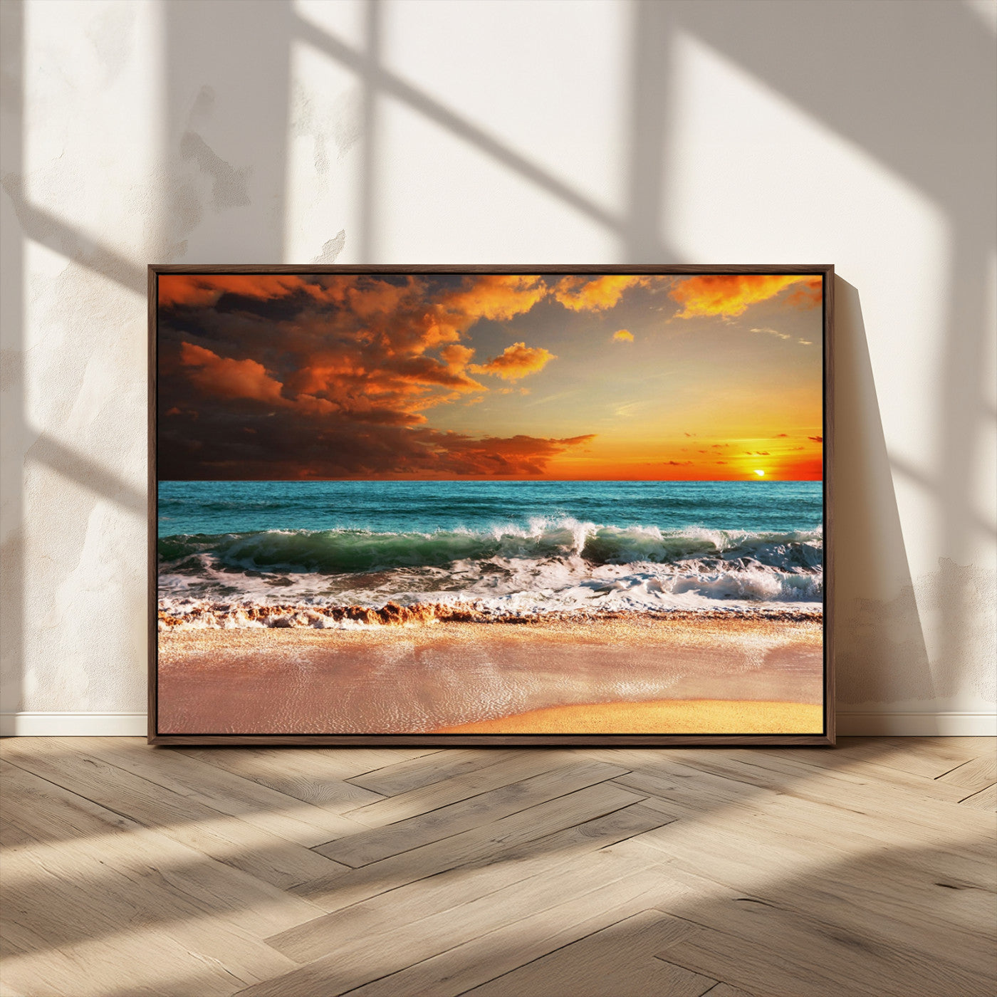 MGV-FC-36X24 - Golden Sunset Beach Canvas Wall Art – Triptych Seascape Print – Framed and Ready to Hang for Living Room or Office