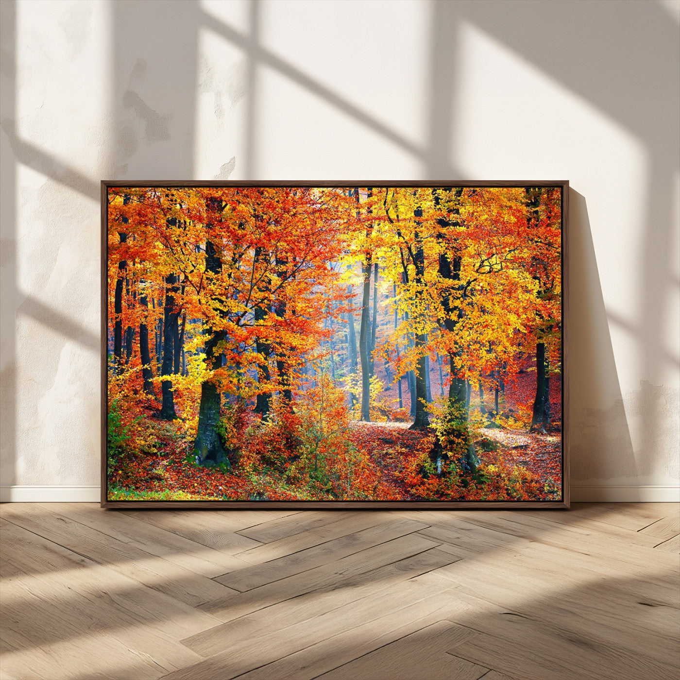 MGV-FC-36X24 - Autumn Red Forest Triptych Canvas Wall Art Print, Forest Wall Decor, Fall Landscape Art | Season Nature Landscape for Home or Office