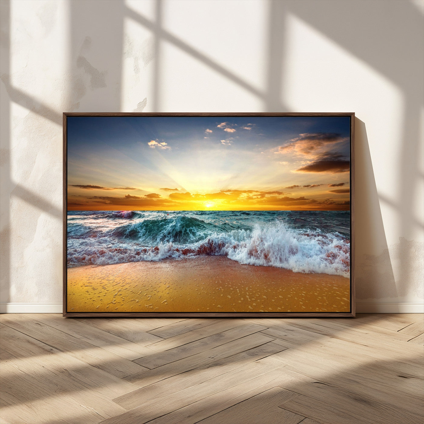 MGV-FC-36X24 - Golden Sunset Ocean Waves Wall Art Canvas Print – Multi Panel Beach Canvas Print Set – Large Coastal Triptych Print for Home or Farmhouse Decor