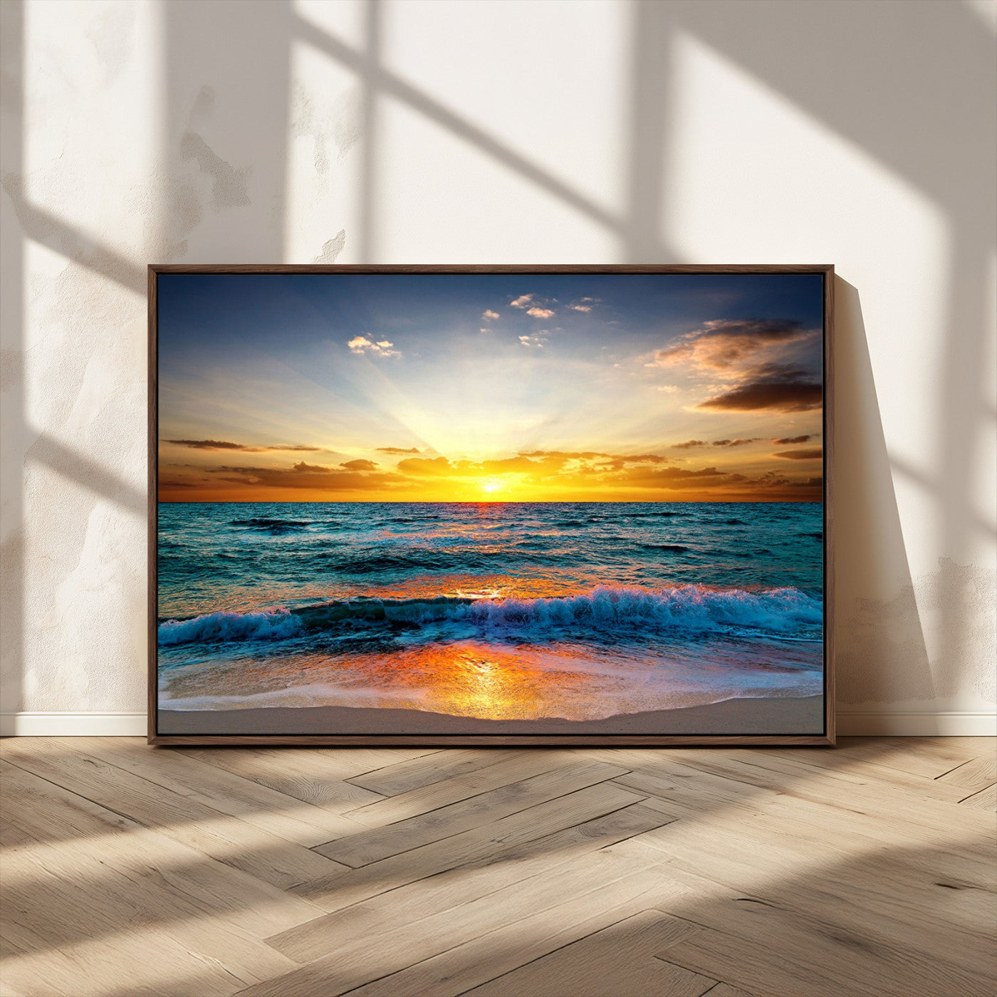 MGV-FC-36X24 - Vibrant Ocean Sunrise Over Golden Beach Waves, Giclee Canvas Wall Art Set, High-Quality Stretched Canvas Print, Ready to Hang Coastal Sunset Wall