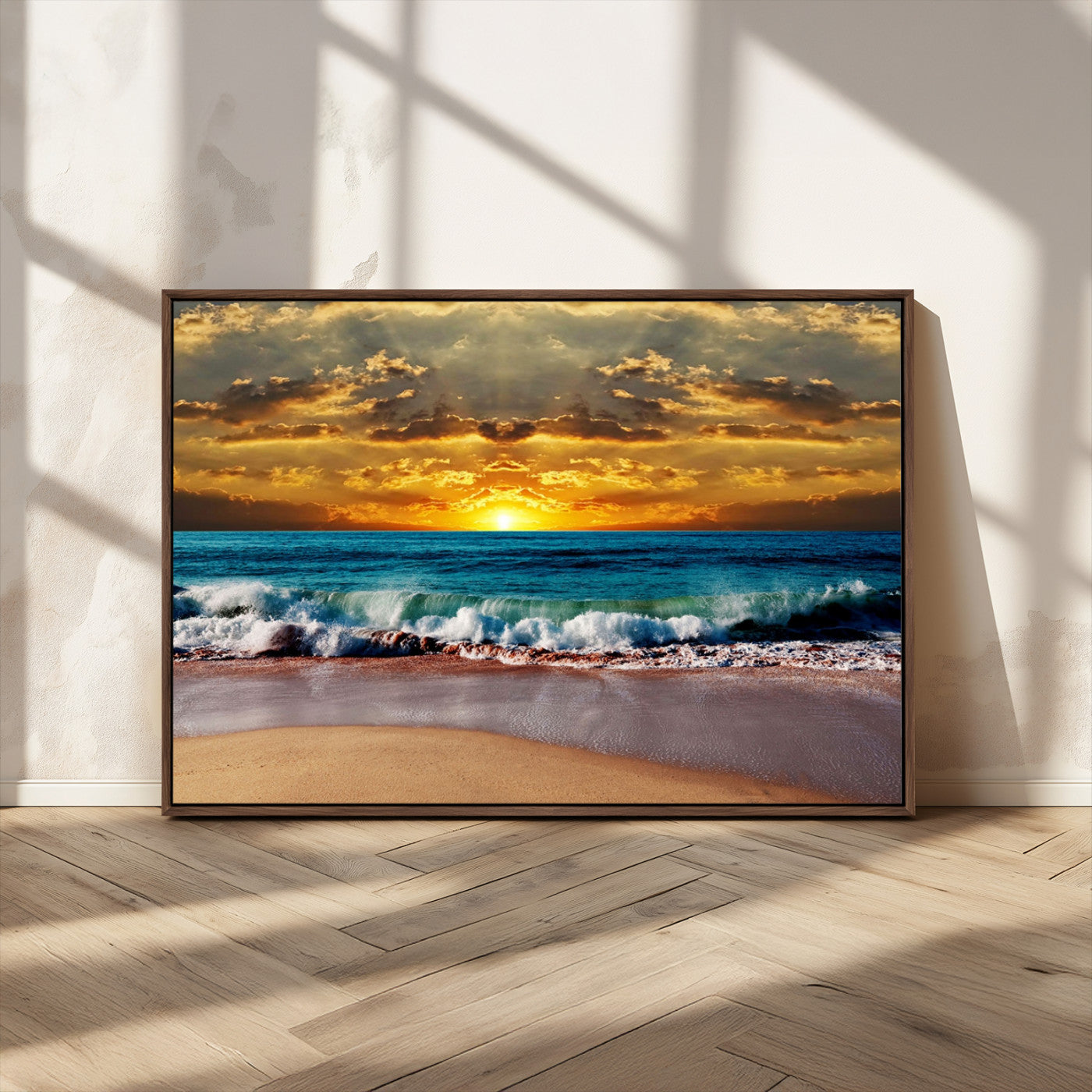 MGV-FC-36X24 - Ocean Sunrise Over Golden Beach Waves, Giclee Canvas Wall Art Set, High-Quality Stretched Canvas Print, Ready to Hang Coastal Sunset Wall Decor