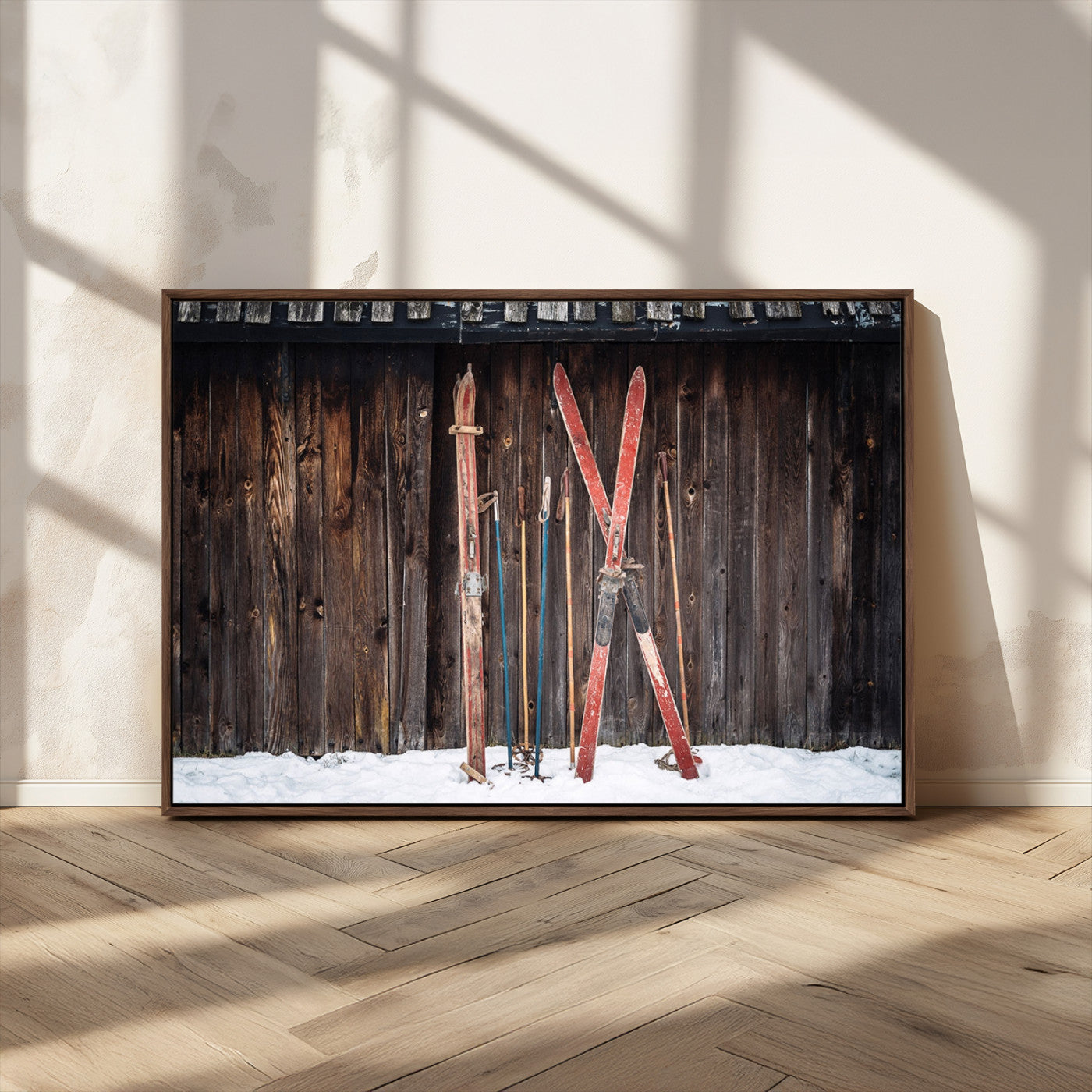 MGV-FC-36X24 - Vintage Ski Gear Against Wooden Cabin Wall, Rustic Winter Sports Equipment Canvas Print, Ready to Hang Wall Art, Perfect for Lodge or Ski Cabin Decor