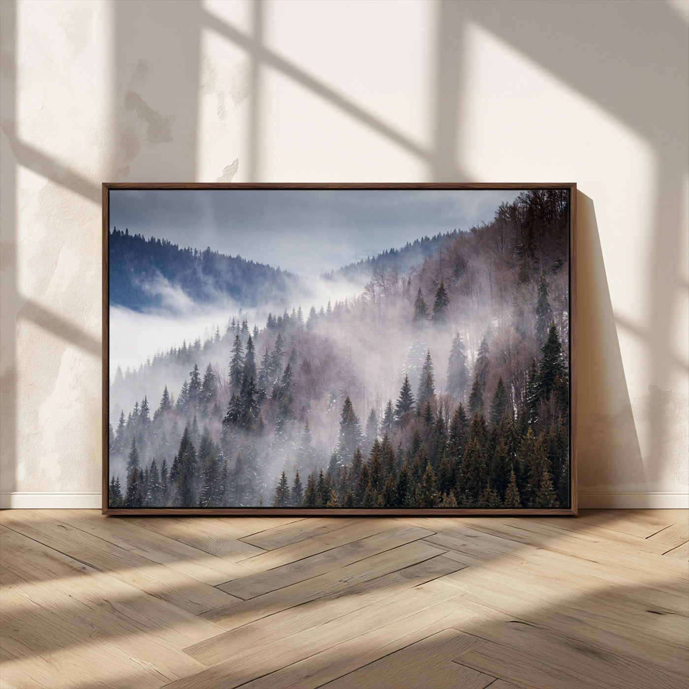 MGV-FC-36X24 - Beautiful Rising Fog in Winter Mountain Landscape - Framed Rising Fog in Winter Mountain Canvas