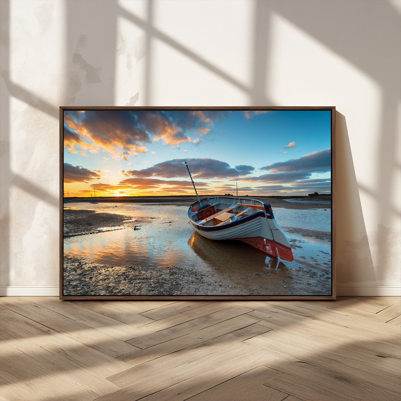 MGV-FC-36X24 - Small Boat At The Beach Sunset Wall Art, Boat Sunset Wall Art Canvas Print