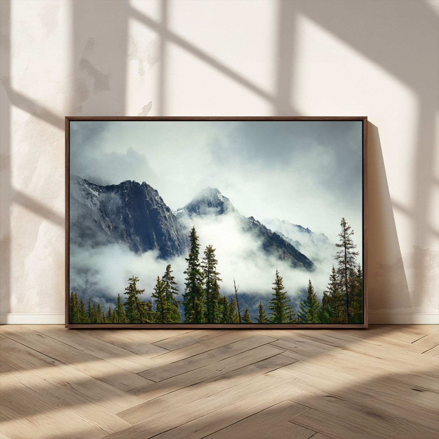 MGV-FC-36X24 - Mountain Mist Canvas Wall Art | 3-Panel Foggy Forest and Mountain Landscape | Large Giclee Print for Living Room, Office, or Cabin, Farmhouse Decor