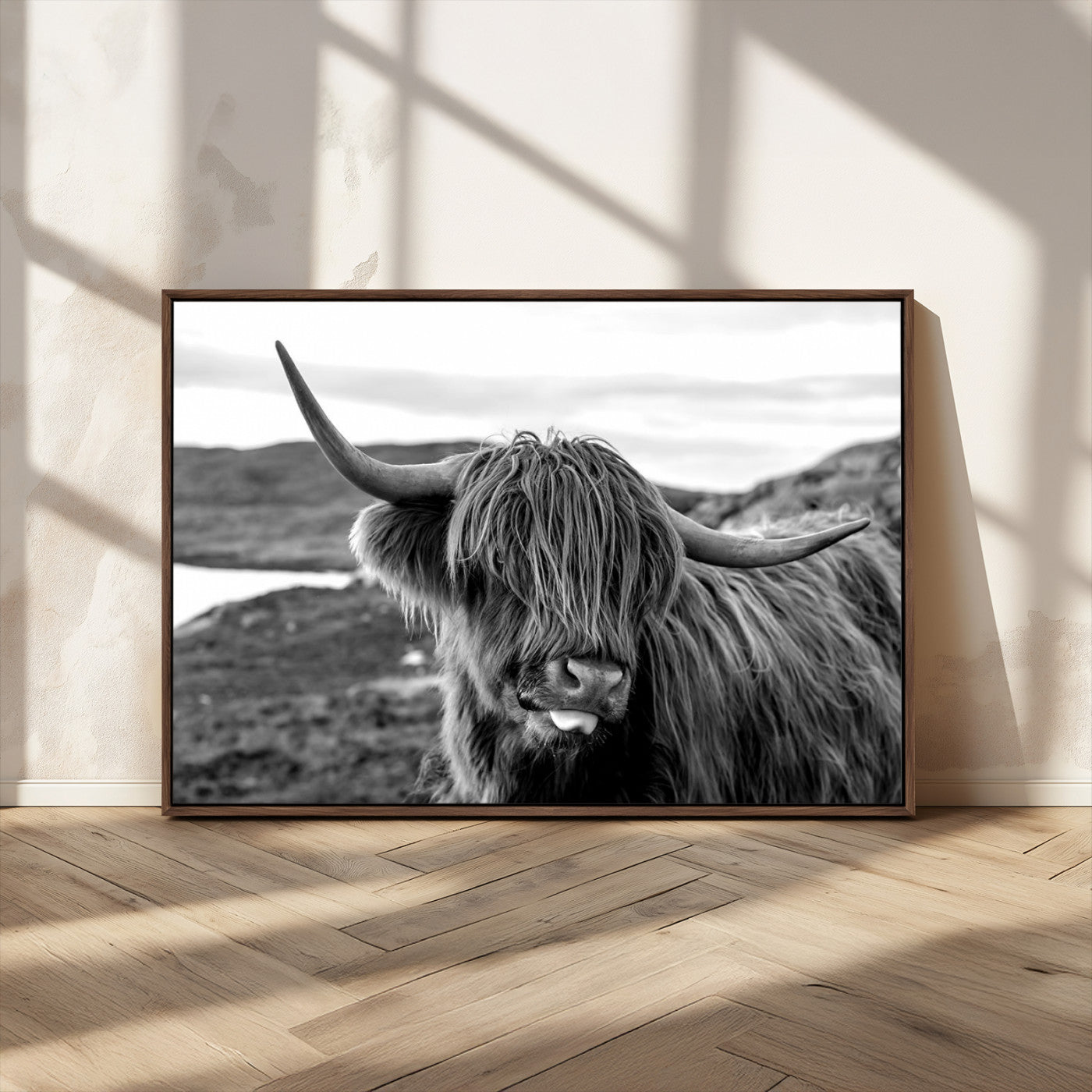 MGV-FC-36X24 - Highland Cow Canvas Wall Art – Black and White Animal Portrait – Framed and Ready to Hang Rustic Farmhouse Decor for Living Room or Office