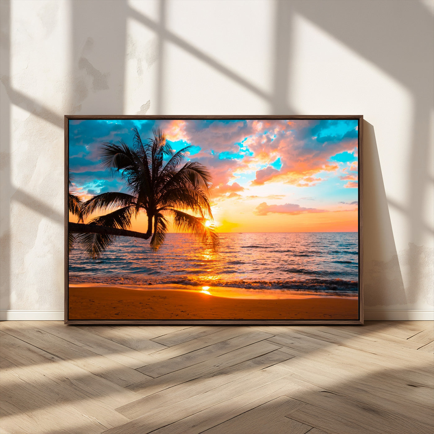 -Palm Tree Sunset On The Beach Wall Art Canvas, Framed Palm Tree Sunset Canvas Print