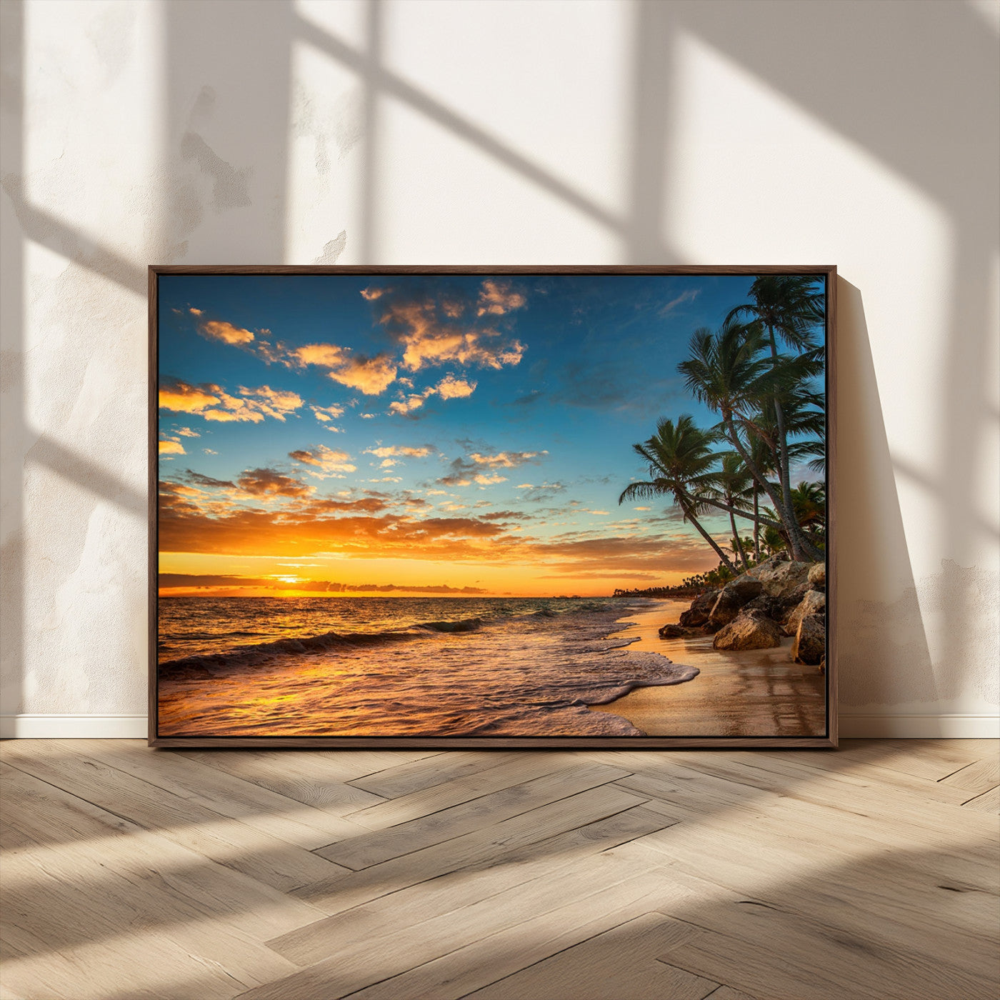 MGV-FC-36X24 - Tropical Beach Sunset Wall Art Print – Palm Tree Coastal Canvas Print – Ocean Seascape Artwork – Perfect for Tropical Modern Home Decor